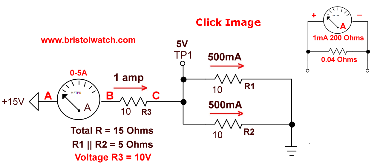 Series-parallel circuit with three 10 Ohm resistors.