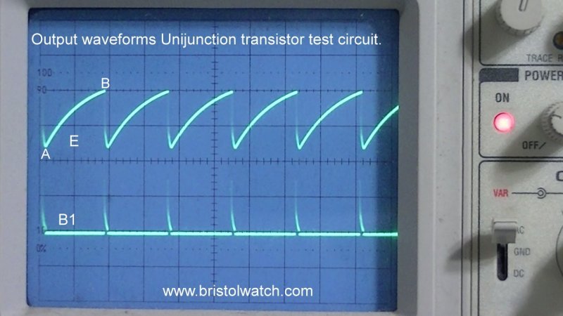 Output waveforms from unijunction transistor 2N2647 pins B1 and E.