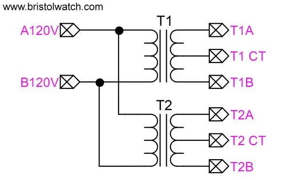Two transformers connected parallel inputs.