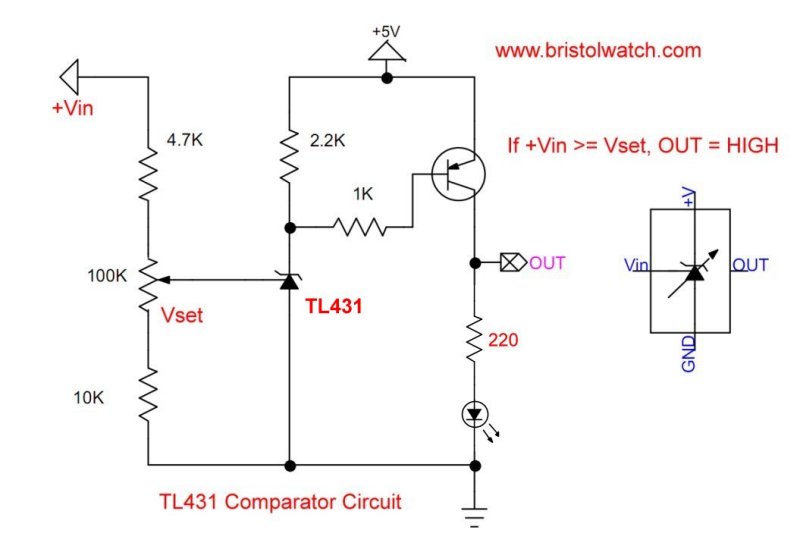 TL431 shunt regulator circuit configured as a voltage comparator.