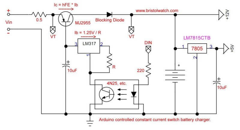 Optocoupler controlled constant current source with  LM317 and +5V regulator.