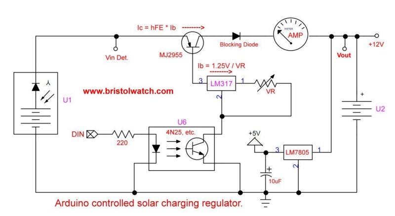 Optocoupler controlled constant current source with  LM317 and +5V regulator for solar panel Charging.