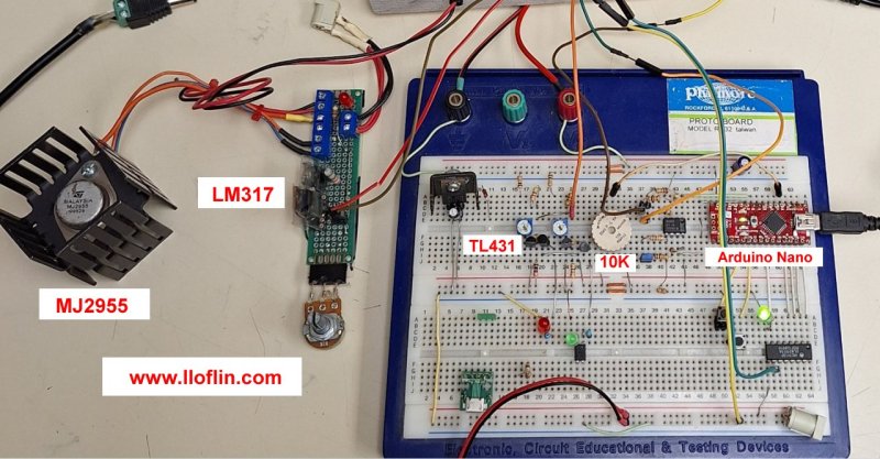 Arduino with TL431 voltage detectors control battery charge current with LM317-MJ2955.