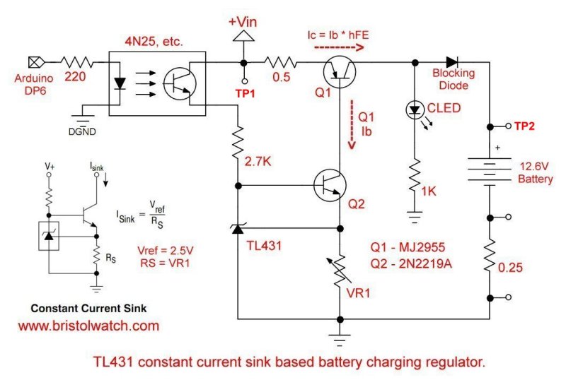 TL431 based sink-current regulator driving high current constant current source with optocoupler ON-OFF control.