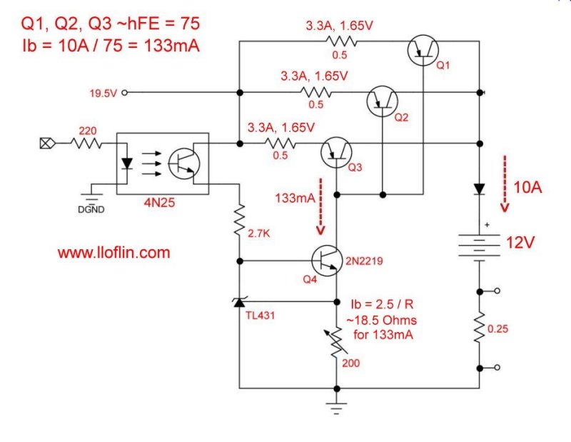 TL431 current sink regulator driving three parallel transistor high current constant current source with optocoupler ON-OFF control.