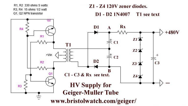Transistor-transformer oscillator circuit produces 480 volts.