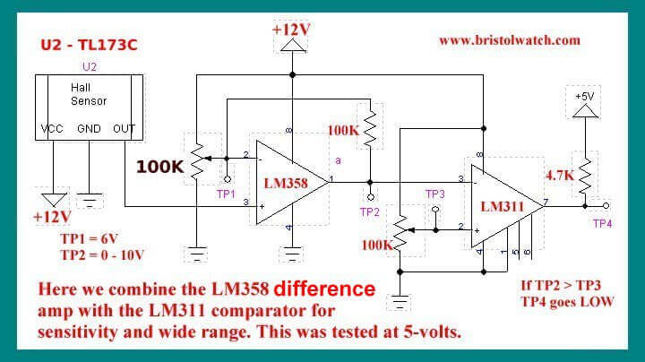 Hall effect sensor and LM311 and differential amplifier.