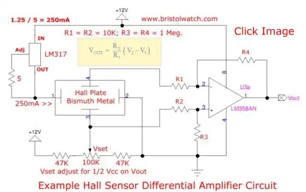 Home built Hall circuit with differential amplifier using LM358.
