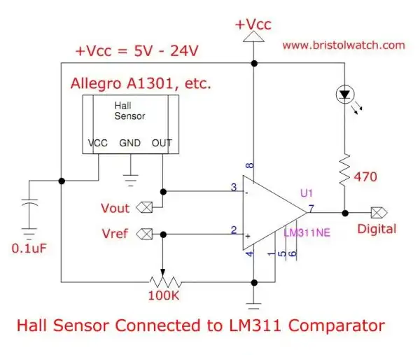 Home built Hall sensor switch using LM311 comparator.
