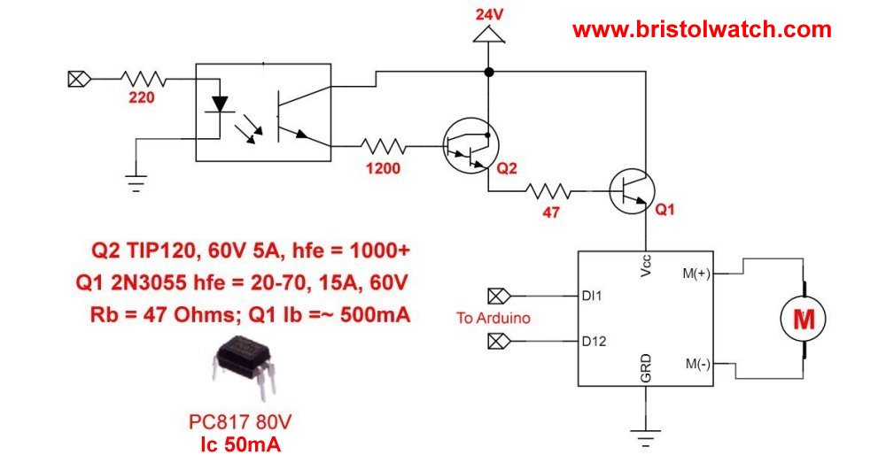 2N3055 power switch controls H-bridge motor voltage.
