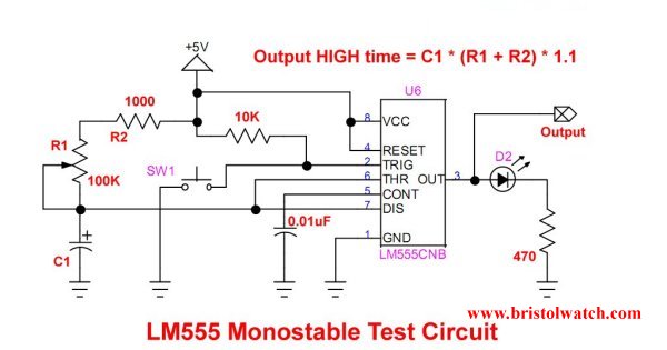 LM555 monostable multivibrator circuit.