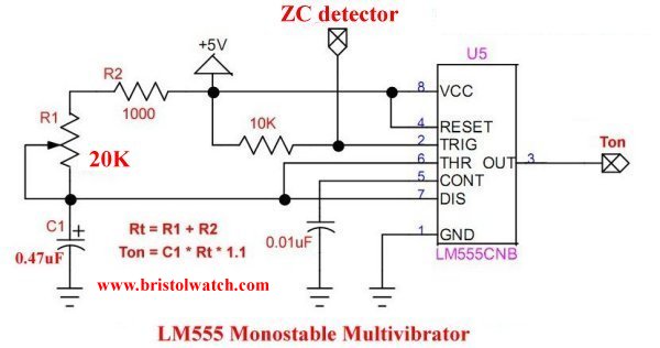 LM555 monostable circuit for 60Hz power control.