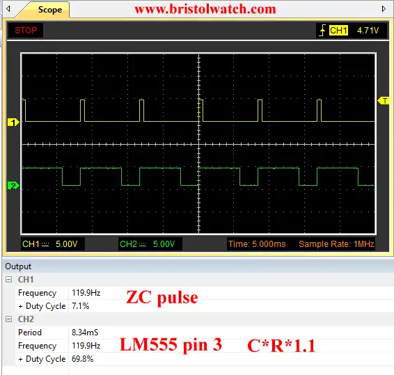 Zero-crossing pulse versus LM555 monostable output pin 3.
