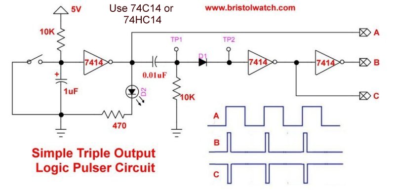 Fig. 2 SN74HC14 based debounced switch with differentiator circuit.