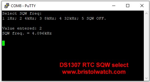 DS1307 SQW frequency select on a PuTTY terminal.
