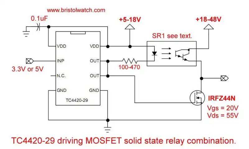 TC4420 MOSFET driver with MOSFET and bipolar transistor optocoupler switch.