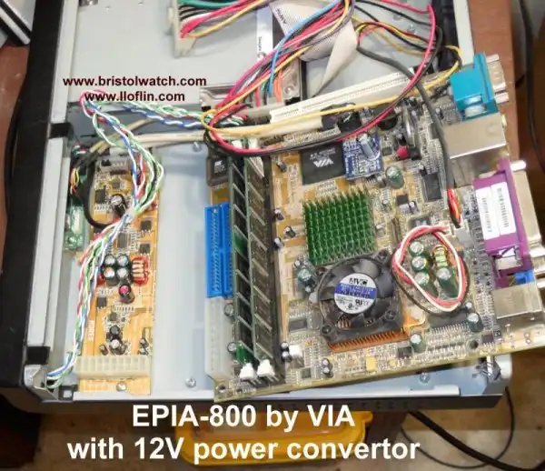 VIA EPIA-800 motherboard and 12-volt switching power supply.