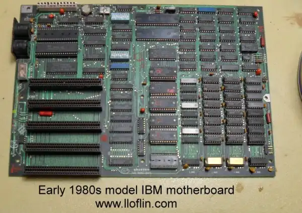 Early 1980s IBM motherboard with 8-bit ISA slots.