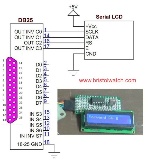 Serial HD44780 circuit connected PC parallel port.