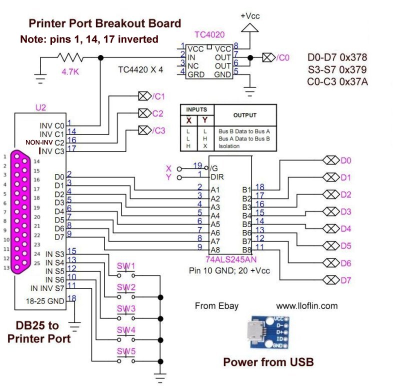 Home built parallel port breakout board schematic.