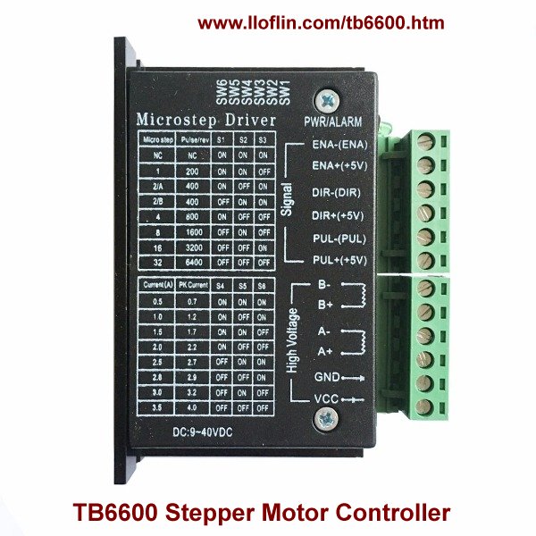 TB6600 stepper motor controller electrical connections.
