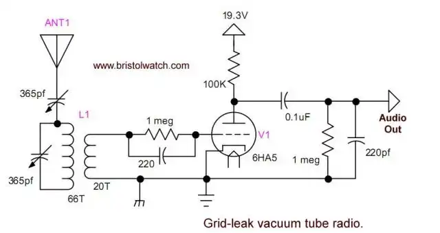 Schematic 6HA5 grid leak vacuum tube radio.