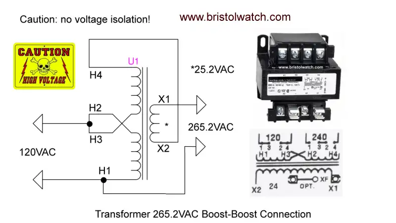 Power transformer connected in voltage boost-boost or add configuration.