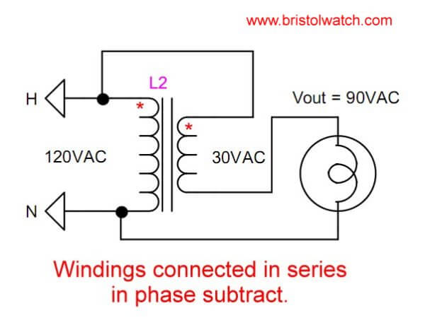 Power transformer connected in voltage buck or subtract configuration.