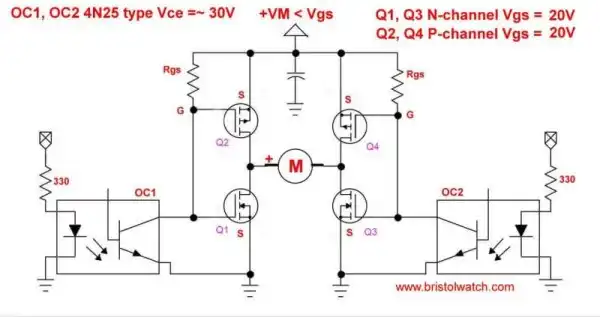 MOSFET H-Bridge with motor voltage common with control circuit.