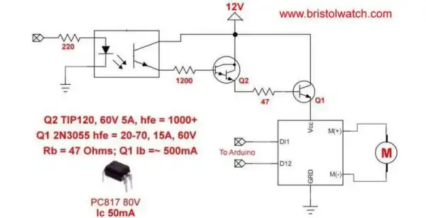 MOSFET H-Bridge motor control with motor power on-off control circuit.